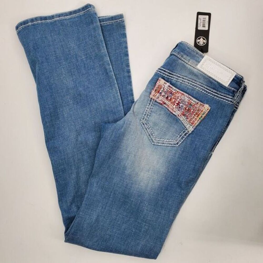 Affliction Women's Light Blue Boot Cut Jeans with Multicolor Pocket Detail